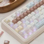 Whimsical bear Cafe keycaps set, a detailed view of adorable coffee shop characters, durable PBT, and luminous PC materials.