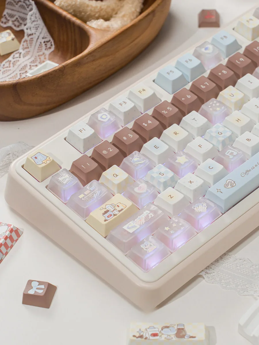 Whimsical bear Cafe keycaps set, a detailed view of adorable coffee shop characters, durable PBT, and luminous PC materials.