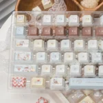Whimsical Bear Cafe Keycaps Set from different angles, highlighting adorable coffee shop bears crafted from durable PBT and luminous PC material.