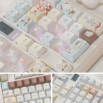 Whimsical Bear Cafe Keycaps Set featuring adorable bear characters in a vibrant coffee shop theme on durable PBT and luminous PC keycaps.