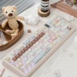 Adorable Whimsical Bear Cafe Keycaps Set showcasing playful bear characters in a vibrant coffee shop. Features durable PBT and luminous PC keycaps.