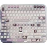 Celestial Keycaps Set shimmering with translucent purple glitter, displaying the 'Good Night God' cosmic design from multiple artistic angles.