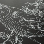 Close-up view of the handcrafted Celestial Kun Desk Mat, showcasing its intricate mythical creature design and celestial landscape.