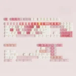 Cheese Berry PBT keycaps set for personalized keyboards, shown from multiple angles. Whimsical pastel dessert illustrations of cheese, strawberries.