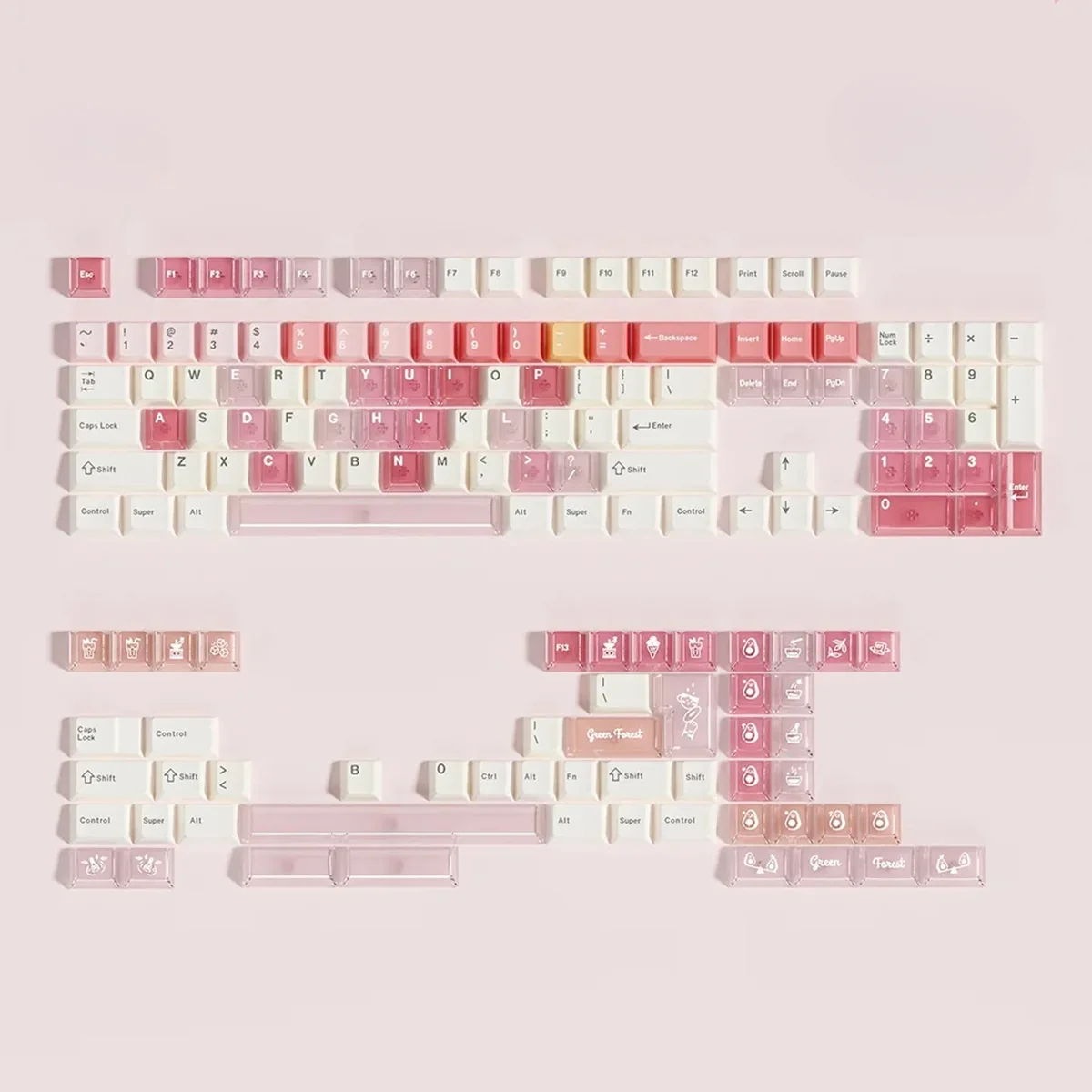 Cheese Berry PBT keycaps set for personalized keyboards, shown from multiple angles. Whimsical pastel dessert illustrations of cheese, strawberries.