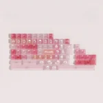 Detailed view of whimsical Cheese Berry PBT keycaps set, featuring pastel dessert illustrations of cheese, strawberries for personalized keyboard.