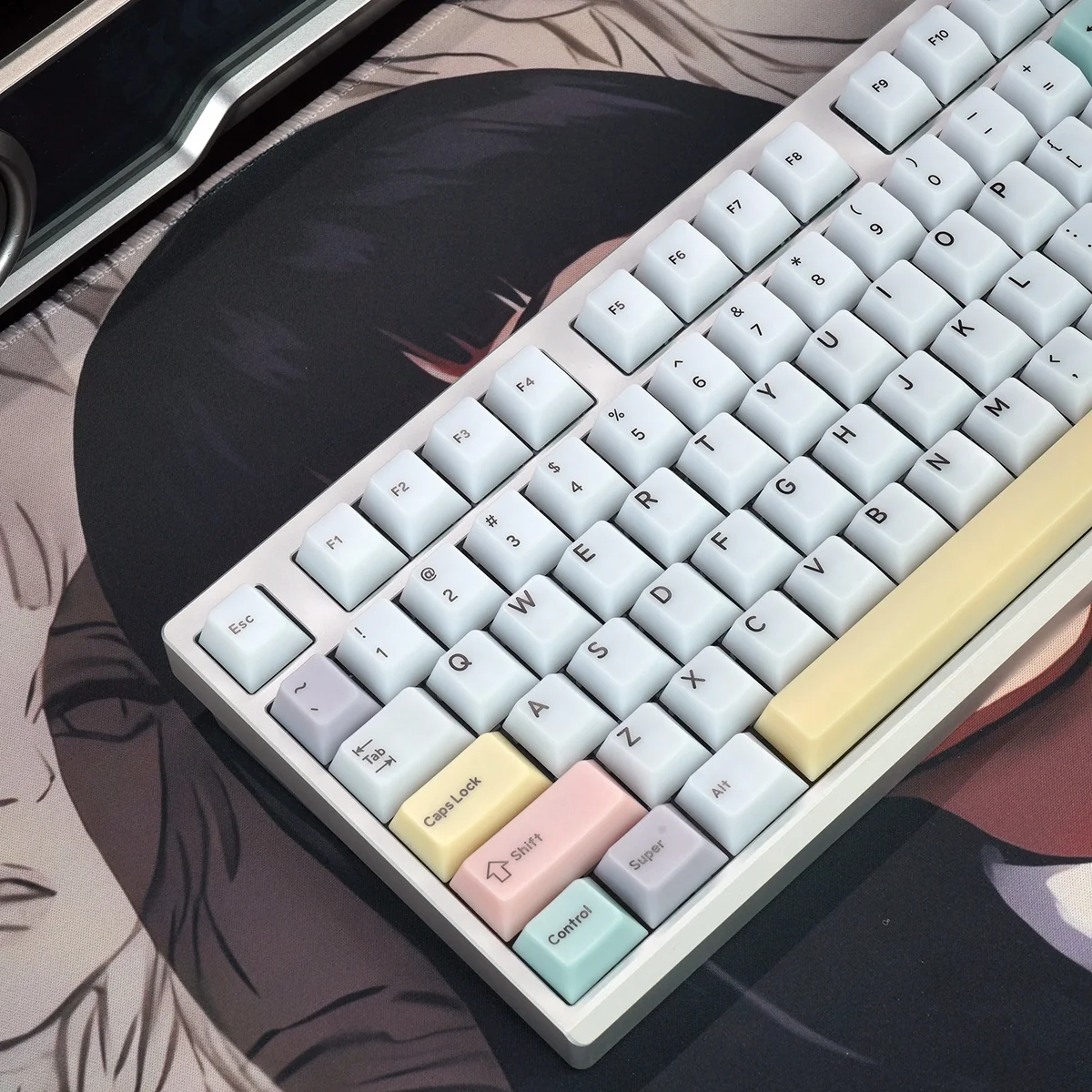 Ethereal mist-translucent Cherry Lost Theme Keycaps Set from multiple angles, revealing the artistic, mysterious white design and its unique hazy glow.