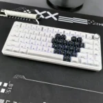 A gallery showcasing premium Gothic Heart PBT backlit side-engraved keycaps set from multiple angles, emphasizing their edgy motif and illuminated dark elegance.
