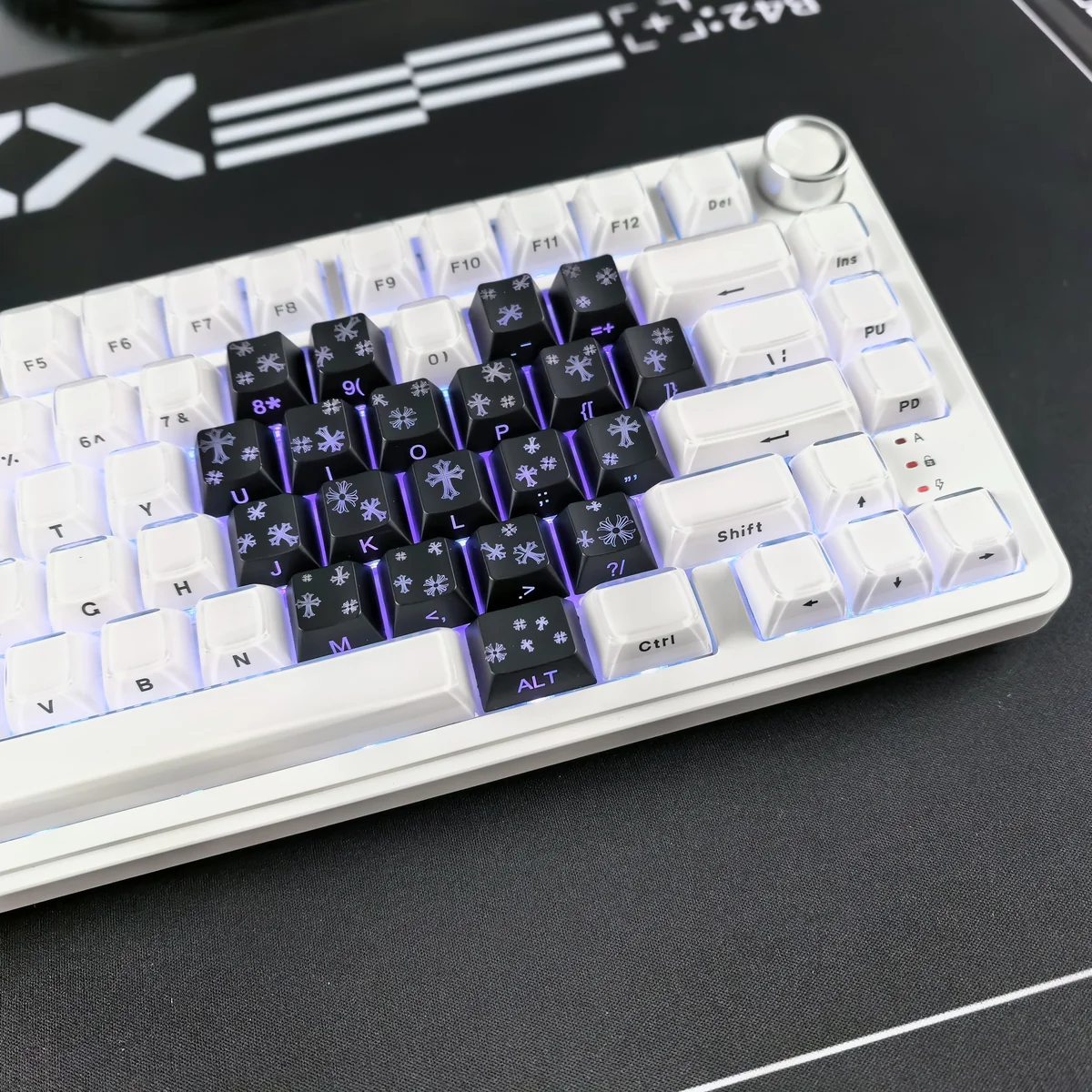 Gothic Heart PBT Backlit Side-Engraved Keycaps Set. Multiple angles reveal edgy illuminated heart motifs, highlighting dark elegance and premium artistry.