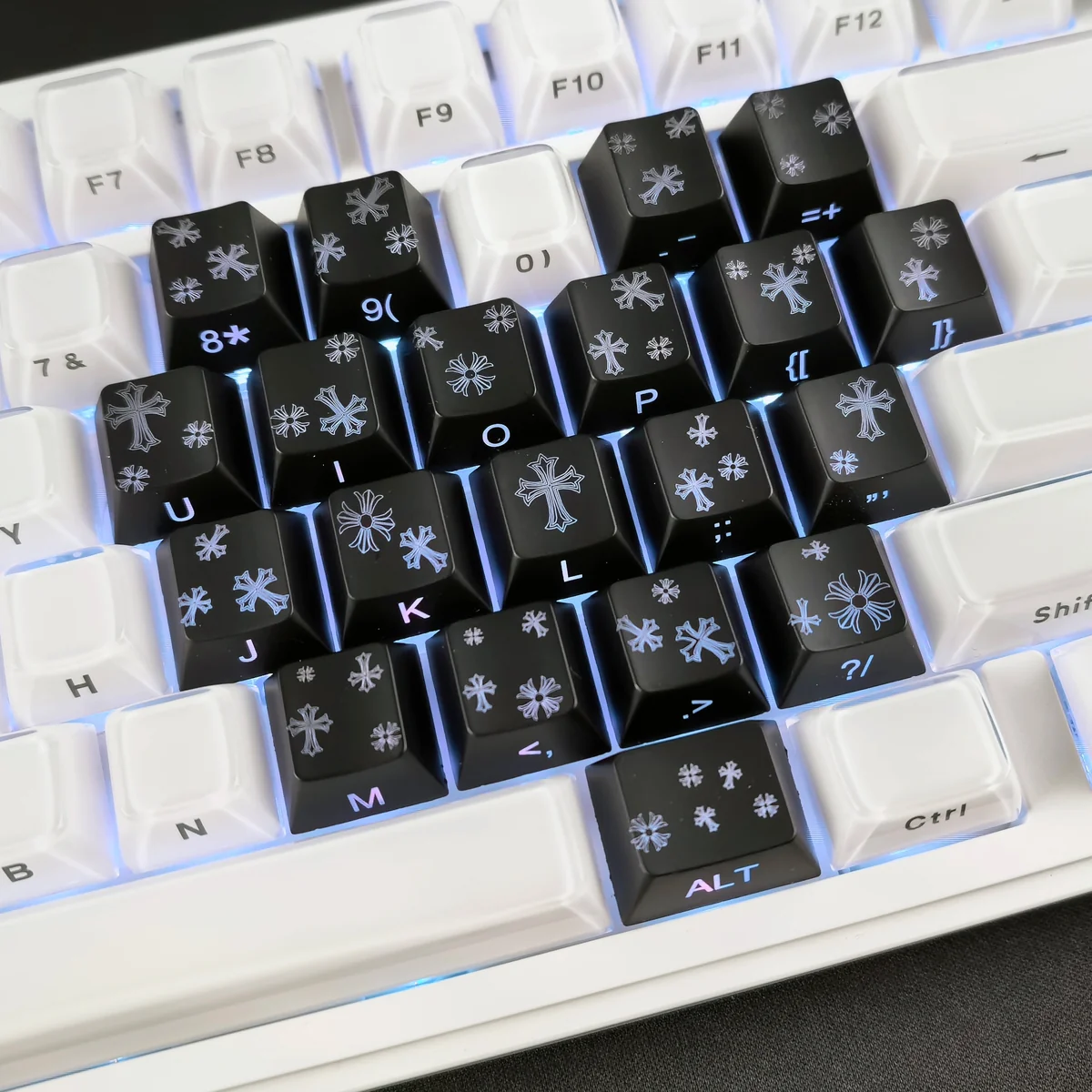 A gallery showcasing multiple angles of the premium Gothic Heart PBT backlit side-engraved keycaps set, highlighting their intricate design and dark elegant.