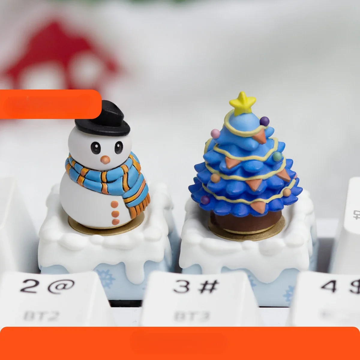 Artistic handcrafted Christmas artisan keycap, a captivating blue resin ESC keycap showcasing a festive winter wonderland scene.