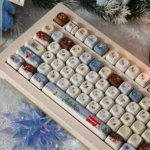 Whimsical Christmas Whispers PBT keycaps set displayed from various angles, featuring vibrant festive motifs, enchanting winter wonderland scenes, and crisp layout.