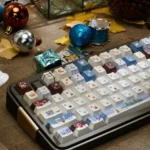 Whimsical Christmas Whispers PBT keycaps set, 120 Cherry opaque keys showcasing enchanting winter wonderland scenes with crisp, durable legends.