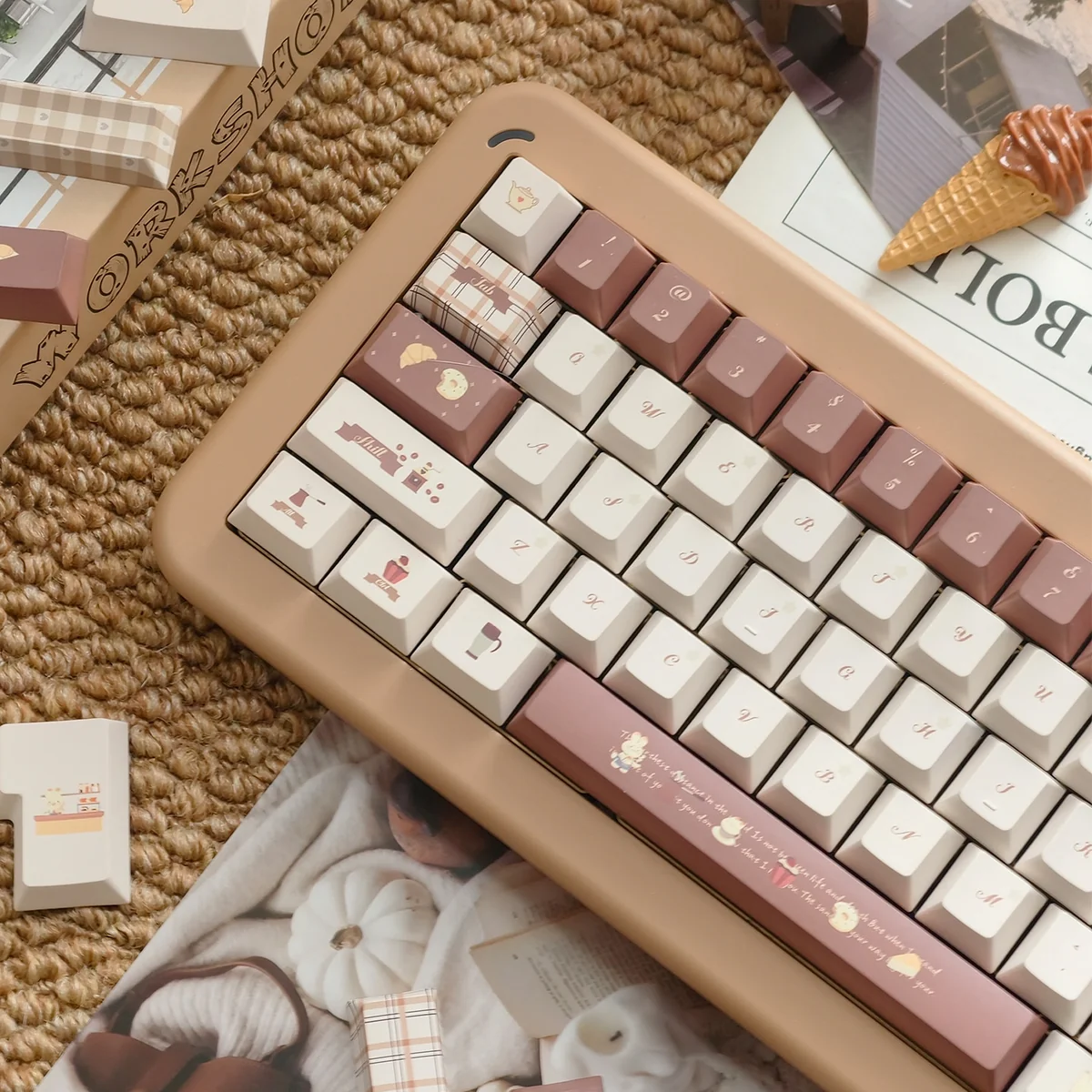 Whimsical coffee rabbit keycap set showcased from multiple enchanting angles, revealing its charming design and sweet pastel details.