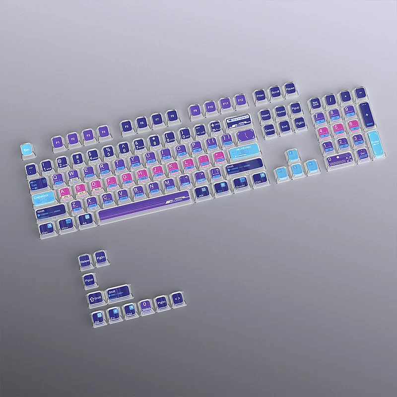 A stunning close-up of the Cosmic Code Crystal MDA Keycap Set, showcasing its mysterious 3D cosmic patterns within transparent crystal from various angles.