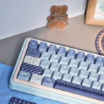 Vintage Cowboy PBT Keycaps Set, shown from various angles. Durable PBT, authentic retro style, and rustic blue Americana charm.