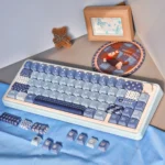 Detailed views of the premium Vintage Cowboy PBT Keycap Set, highlighting durable PBT construction and rustic denim texture. Evokes classic America design.