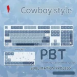 Vintage Cowboy PBT Keycap Set. Detailed views showcase durable PBT and authentic rustic denim texture, embodying classic Americana charm.