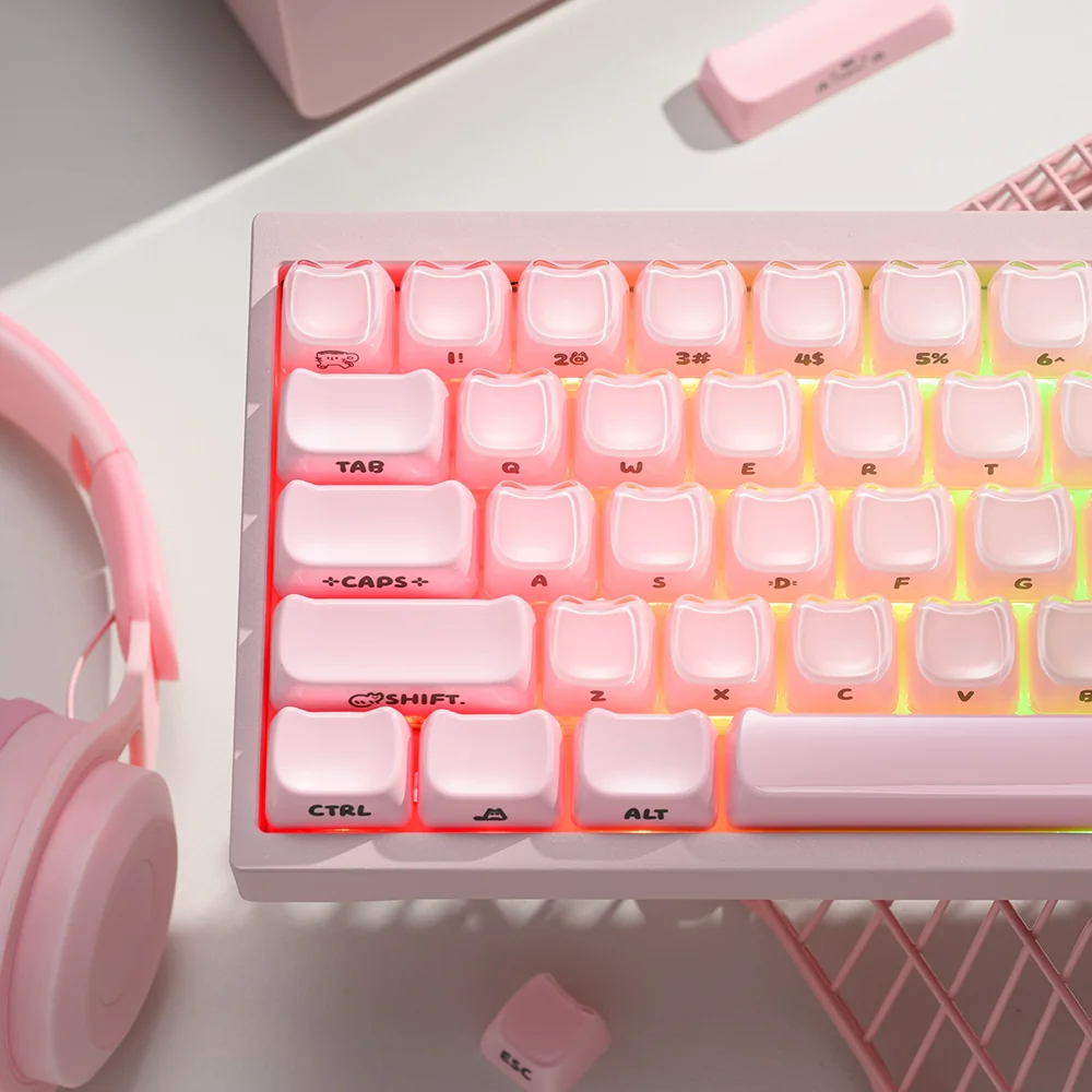 Explore the full Translucent Whimsy Set of Jelly MAO keycaps set, showcasing their luminous, feline-inspired crystal-jelly aesthetic from multiple delight angles.
