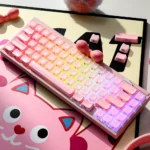 Luminous translucent crystal Jelly MAO keycaps set from the Whimsy Set, showcasing their smooth, glossy feline-inspired design from multiple playful angle.