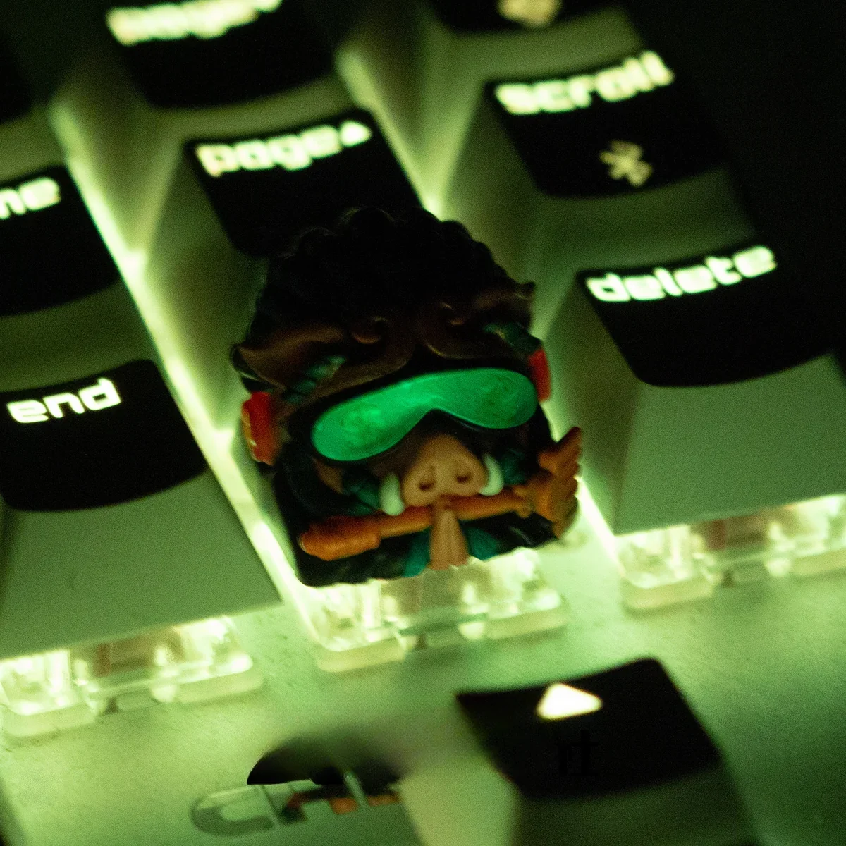 Multiple angles of the handcrafted Cyberpunk Bajie luminous artisan keycap, highlighting its vibrant cyberpunk design and futuristic glow. A unique collectible art.