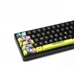 Side-engraved PBT cyberpunk Rebecca keycaps set in a backlit gallery view, showcasing vibrant neon glow, futuristic circuitry, and dystopian typography from multiple angles.