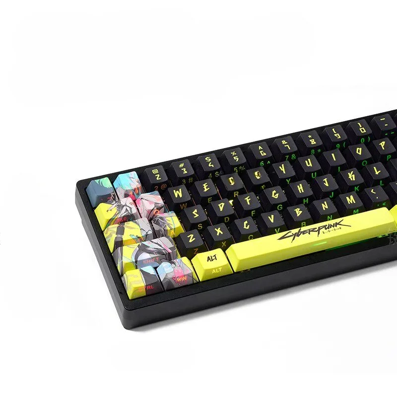 Side-engraved PBT cyberpunk Rebecca keycaps set in a backlit gallery view, showcasing vibrant neon glow, futuristic circuitry, and dystopian typography from multiple angles.
