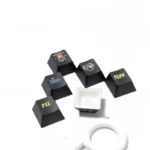 Side-engraved PBT Cyberpunk Rebecca keycaps set backlit with vibrant neon, revealing futuristic circuitry and dystopian typography across multiple angles.