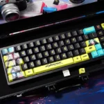 Stunning Cyberpunk Rebecca Keycaps Set main image, highlighting side-engraved PBT legends illuminated by vibrant neon backlighting and futuristic circuitry.