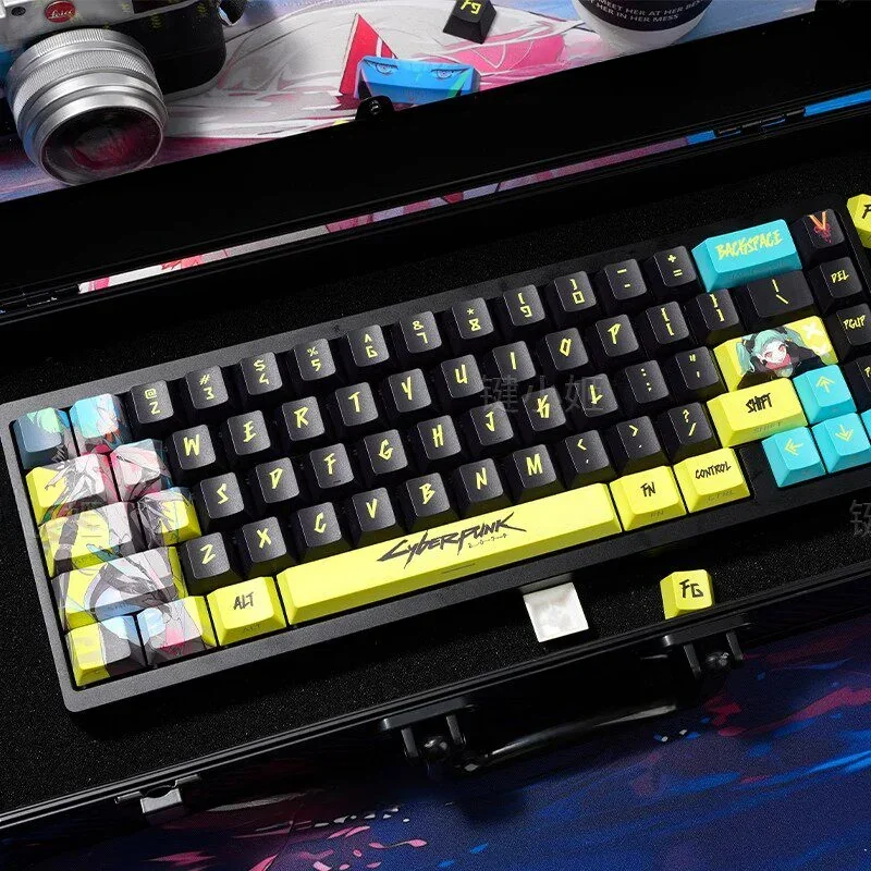 Stunning Cyberpunk Rebecca Keycaps Set main image, highlighting side-engraved PBT legends illuminated by vibrant neon backlighting and futuristic circuitry.