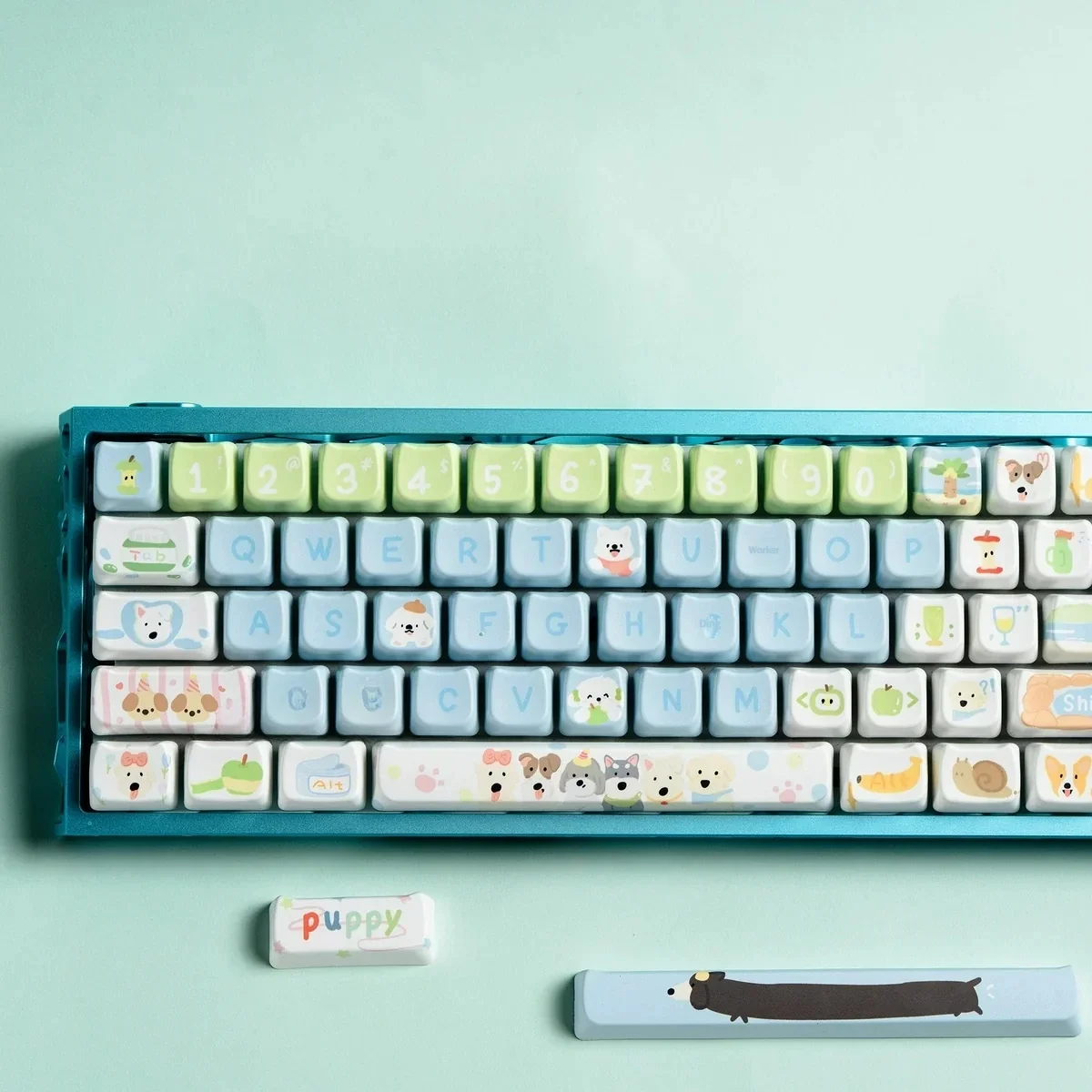 Vibrant close-up of playful PBT MOA profile Dog Paradise keycaps set, highlighting adorable dye-sublimated cartoon dogs and ergonomic design from multiple angles.