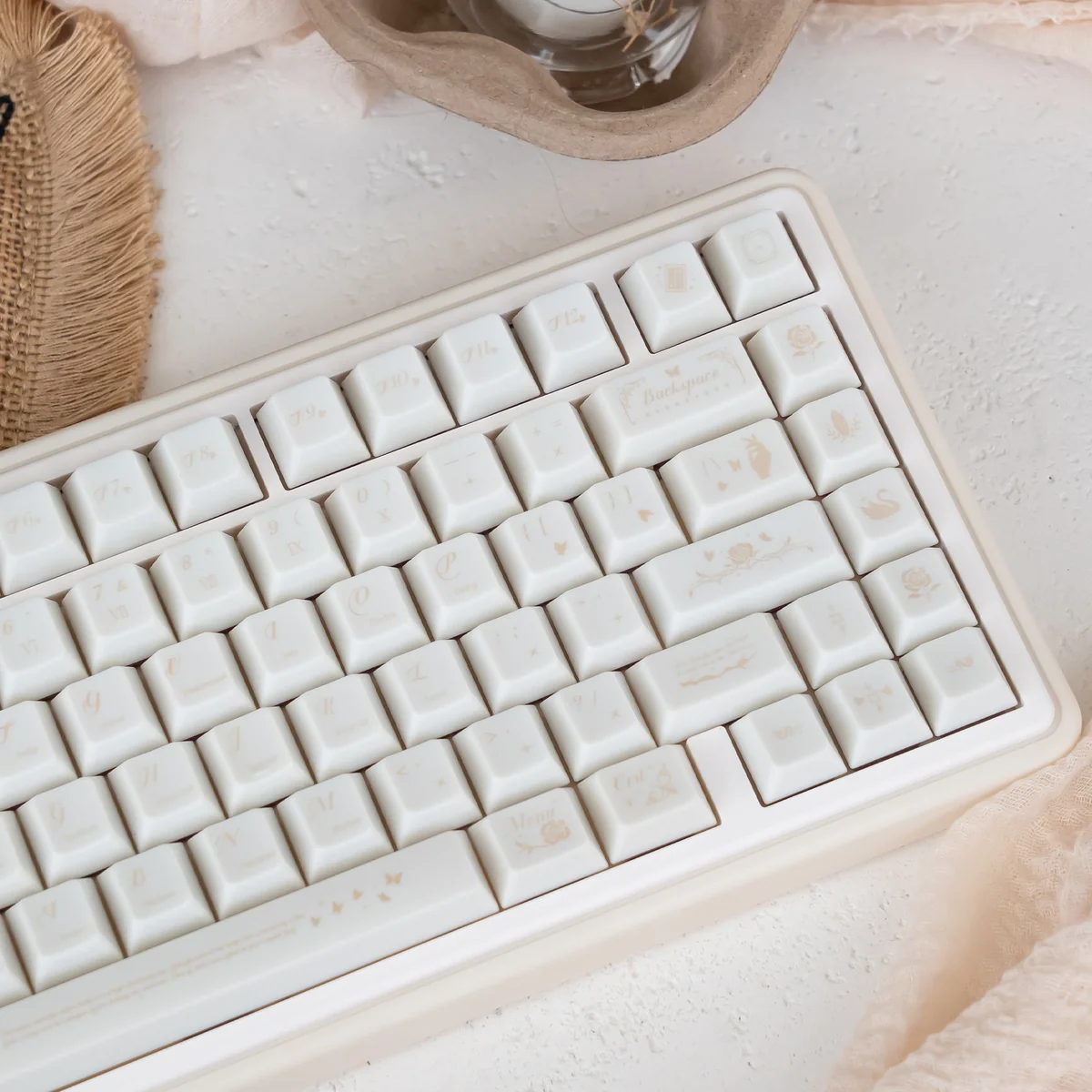 Ethereal Dream Butterfly PC Cherry keycaps set, soft milky white with delicate butterfly motifs. Durable PC and Cherry profile ensure a serene aesthetic.