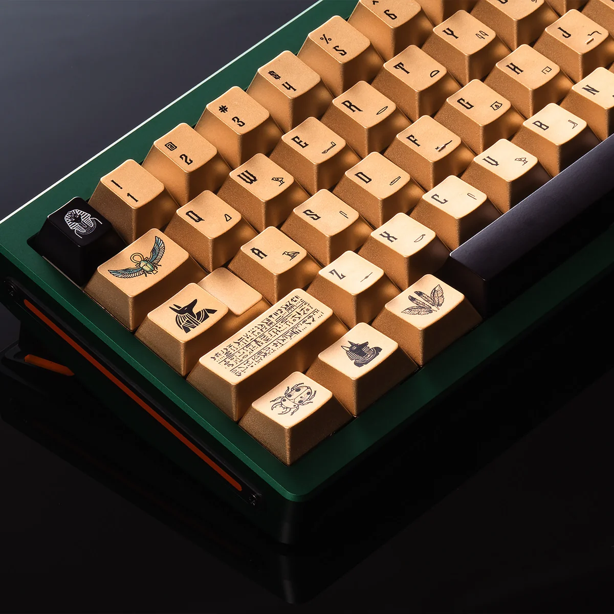 Exquisite Egypt Black & Gold PBT keycap set shown from various angles, detailing intricate hieroglyphs and the luxurious metallic-look finish.