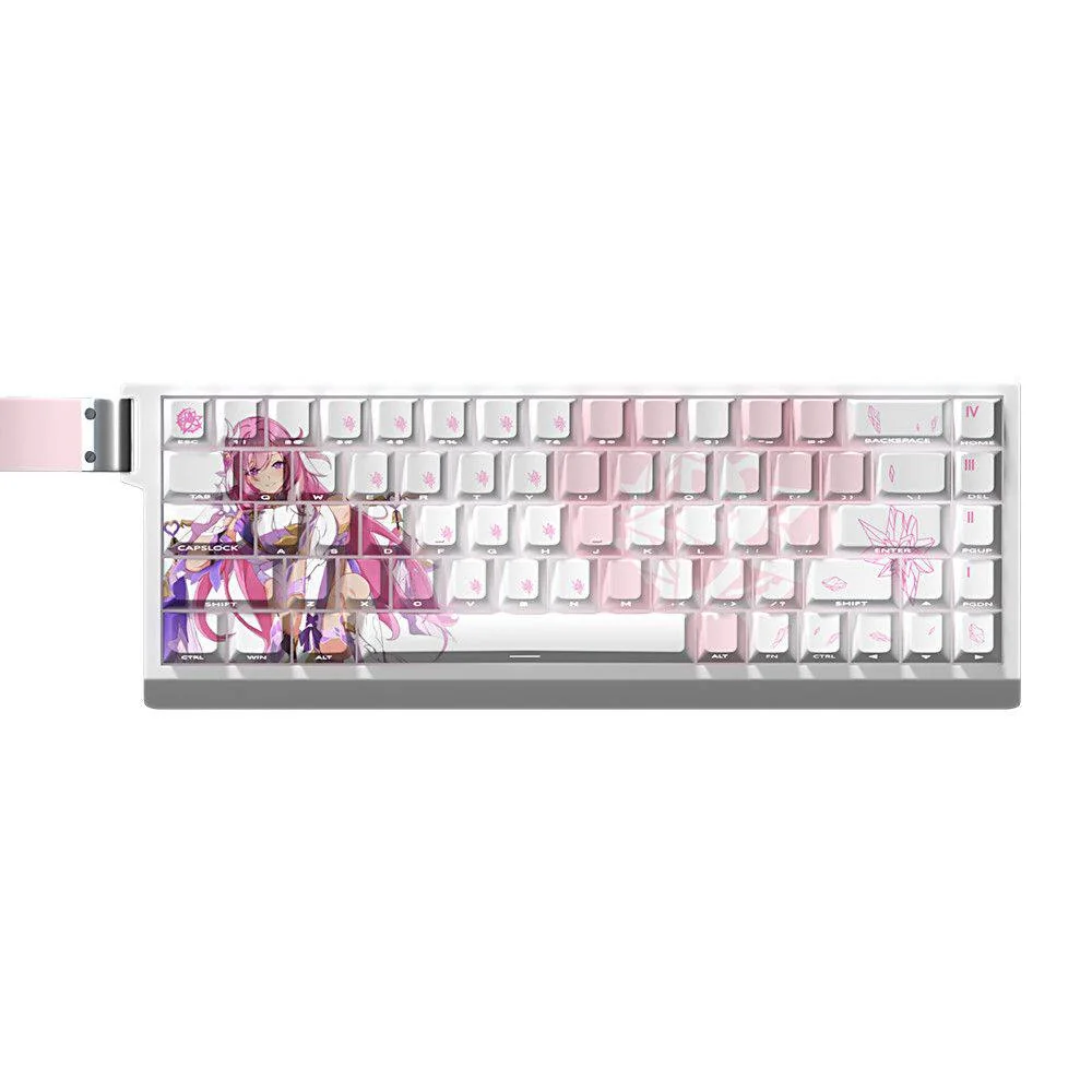 Elysia Honkai Impact 3rd luminous PBT keycaps set, featuring elegant side-printed legends glowing with the signature pink and white palette.