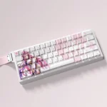 Elysia Honkai Impact 3rd luminous PBT keycaps set displayed from multiple angles, highlighting the elegant pink and white design with glowing side-printed design.