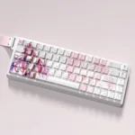 Elysia Honkai Impact 3rd luminous PBT keycaps set shown from various angles, highlighting the elegant pink and white palette and glowing side-printed.