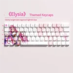 Elysia Luminous PBT Keycaps Set displaying elegant pink and white side-printed legends. Artistic anime design highlights their luminous glow from multiple angles.
