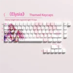 Elysia Honkai Impact 3rd luminous PBT keycaps set, elegantly displaying side-printed legends and anime art in pink and white from multiple angles.