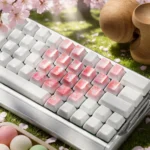 Ethereal translucent ceramic heart supplement keycaps set, exquisitely handcrafted with delicate cherry blossoms, graceful butterflies, and subtle heart motifs.