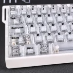 Iconic EVA Asuka translucent PC keycaps set glowing with a futuristic anime aesthetic, captured from various angles to reveal vibrant character details.