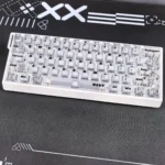 EVA Asuka translucent PC keycaps set, showcasing multiple angles with an ethereal glow and vibrant anime accents, capturing a futuristic artistic aesthetics.