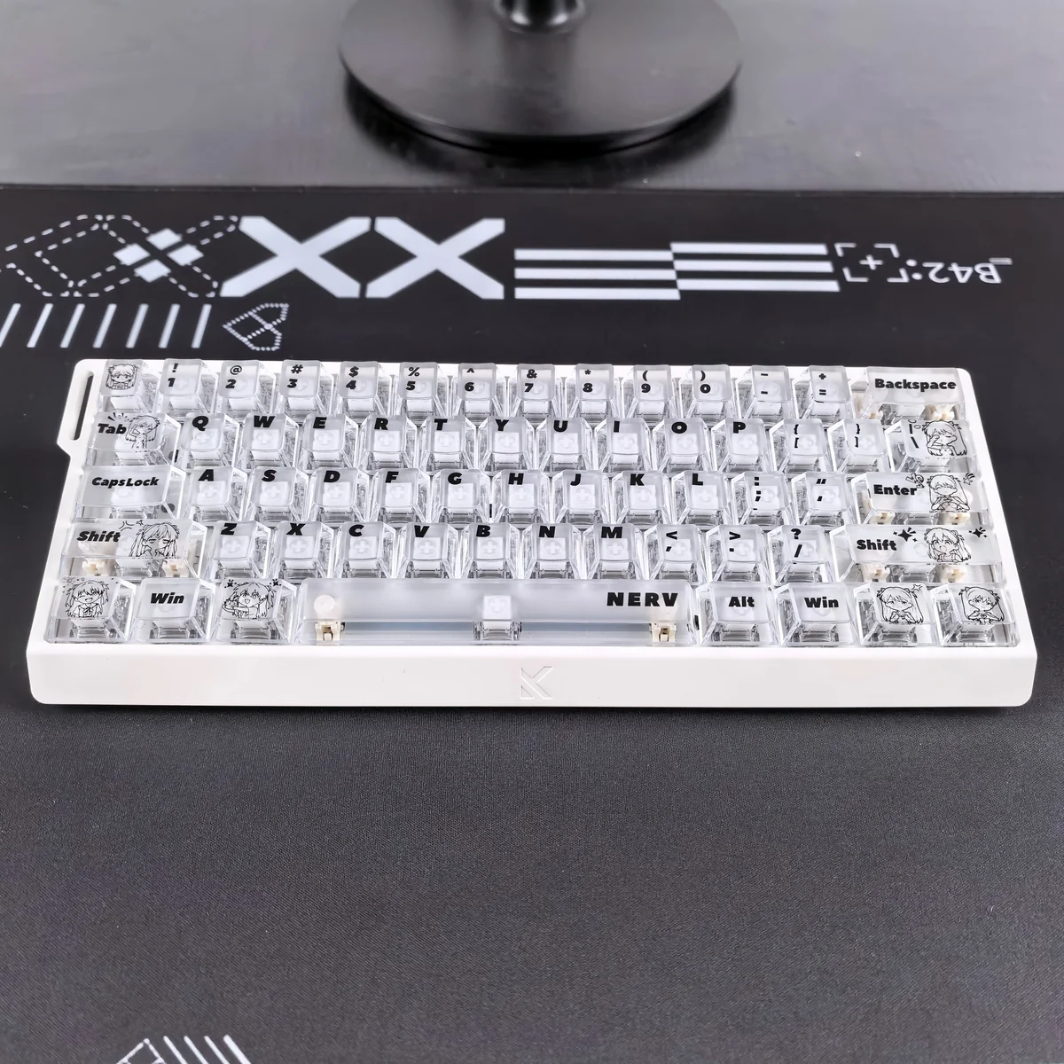 Artistic EVA Asuka translucent PC keycaps set glowing with a futuristic anime aesthetic, highlighting the iconic character's vibrant accents.