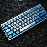 A striking side view of Evangelion dye-sub PBT keycaps set, revealing the vibrant, iconic mech-inspired legends and premium, durable finish.