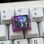 Premium Frieren Fern titanium artisan keycaps, intricately designed with anime characters, displayed from multiple angles to highlight the anodized titanium material.