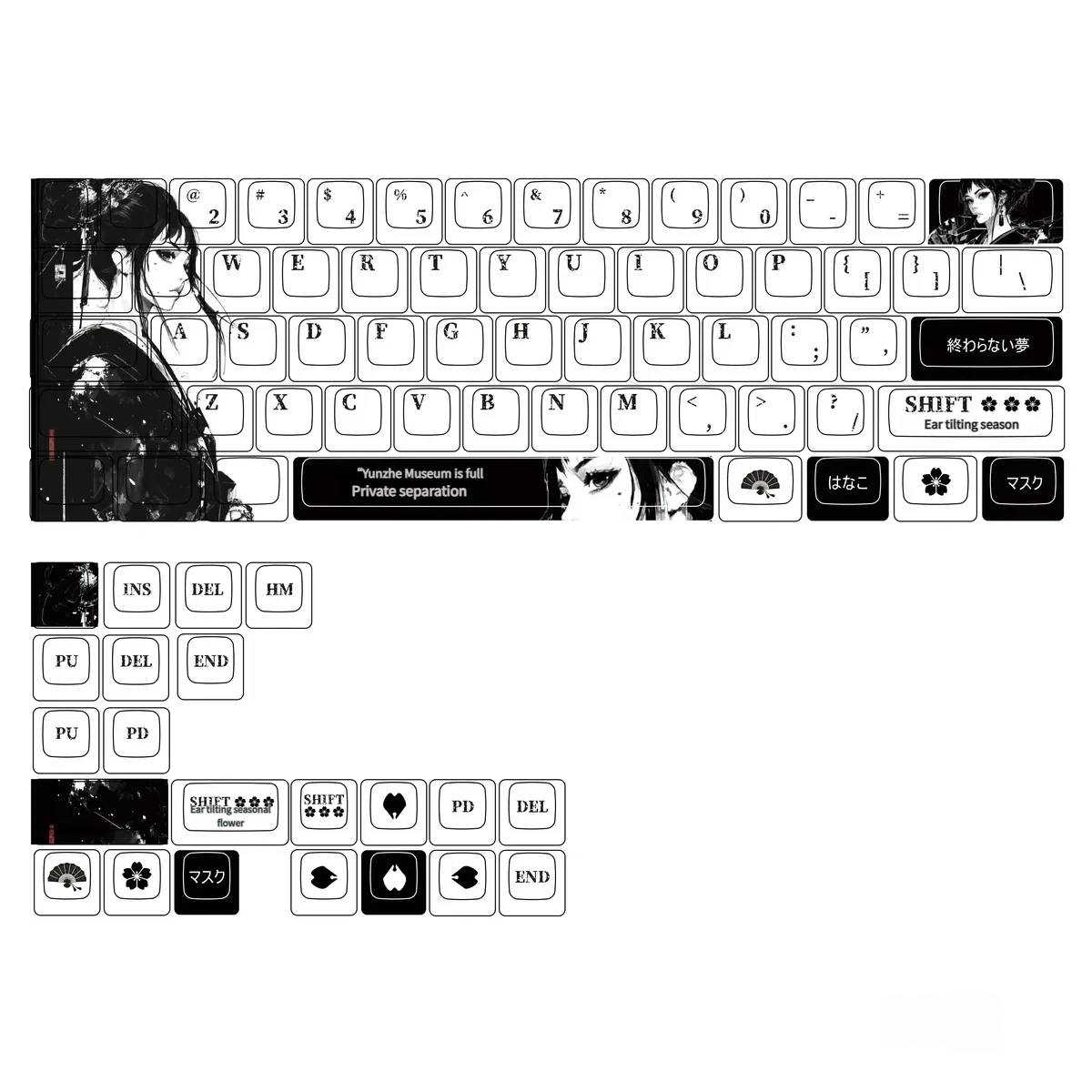 Exquisite Geisha Keycaps set, PBT dye-sub, featuring traditional Japanese motifs, cherry blossoms, and vibrant RGB backlighting.