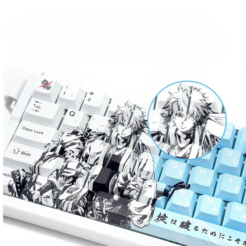 Exclusive Gintama Sakata Gintoki PBT keycaps set. Vibrant anime art on durable PBT, shown from various angles. A playful Gintama keycap set.