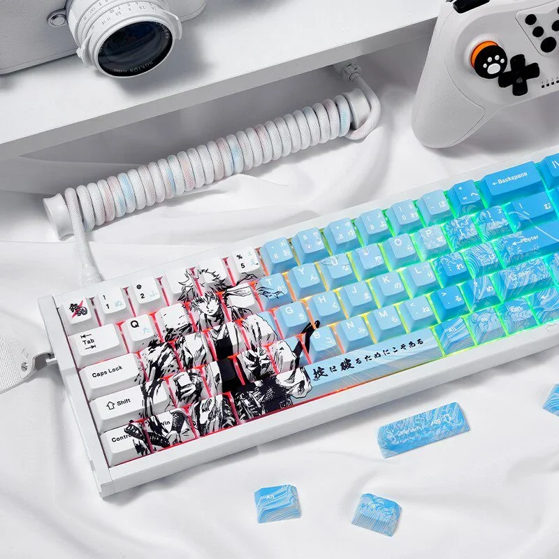 This main image displays the vibrant, exclusive Gintama Sakata Gintoki PBT keycap set, featuring crisp anime art on durable PBT.