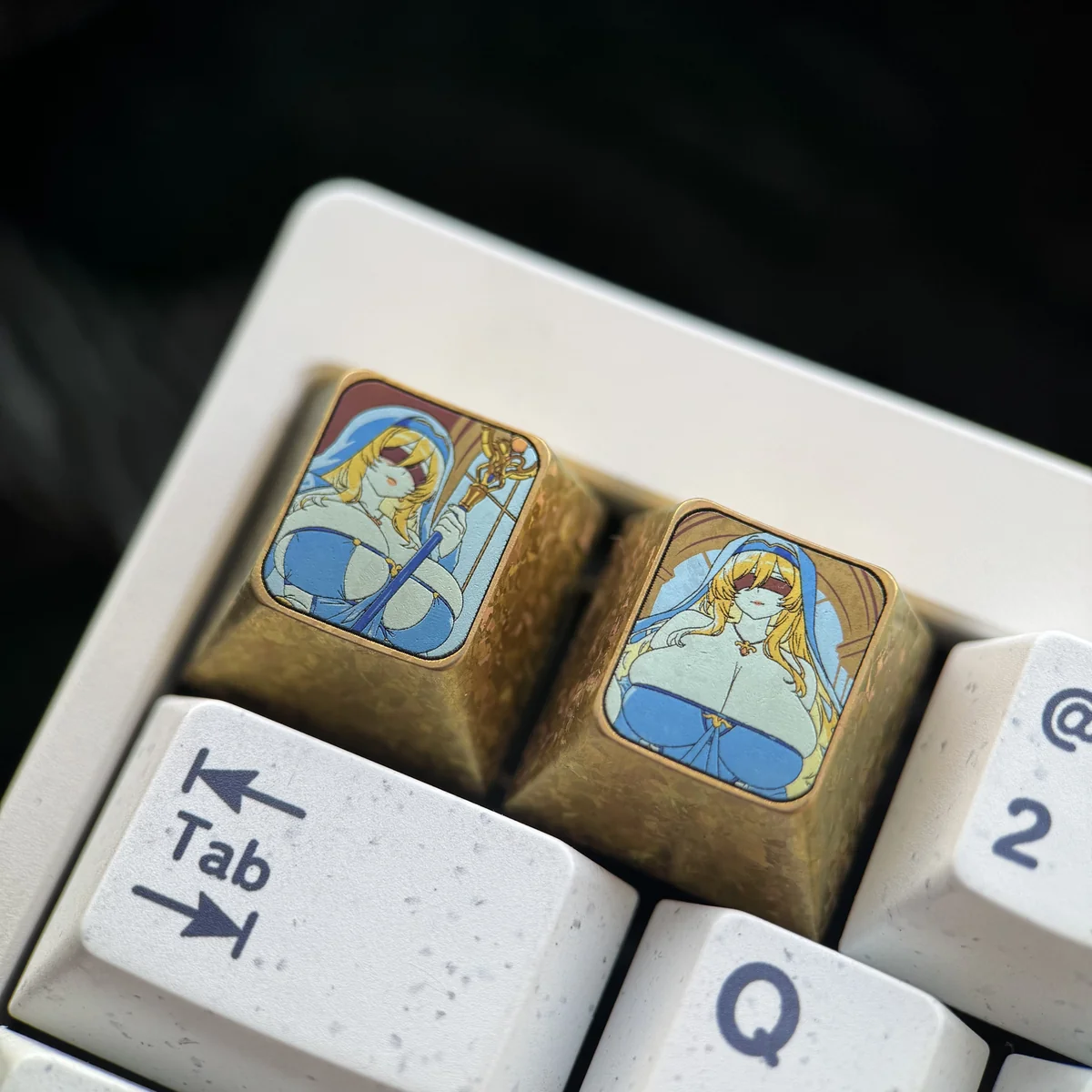 Artistic side profile of the premium Titanium Goblin Slayer Sword Maiden ESC keycap, showcasing its intricate metallic details.