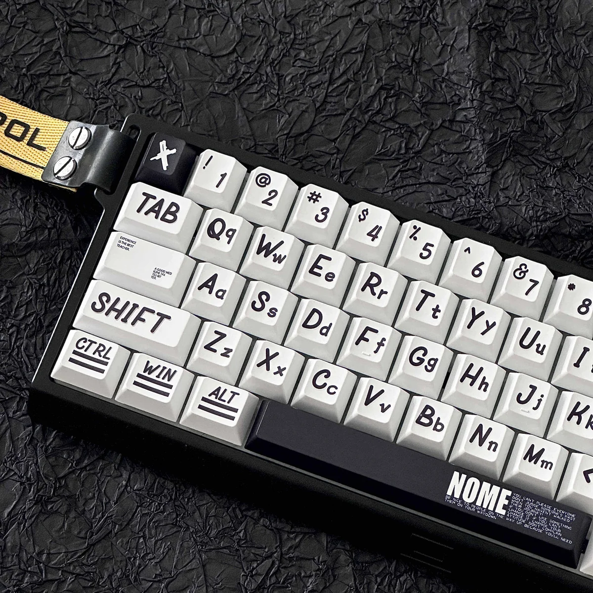Artistic close-ups of Urban Graffiti PBT Keycaps Set, displaying vibrant street art designs and durable PBT texture from multiple angles for universal fit.