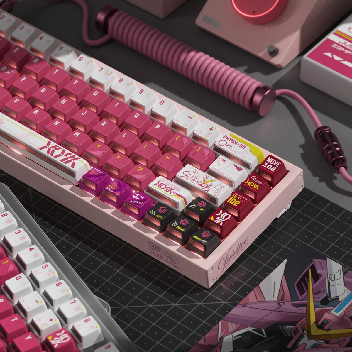 A detailed view of the iconic ZGMF-X09A Justice Gundam backlit keycap set, showcasing its intricate futuristic mecha design and vibrant illuminated element.